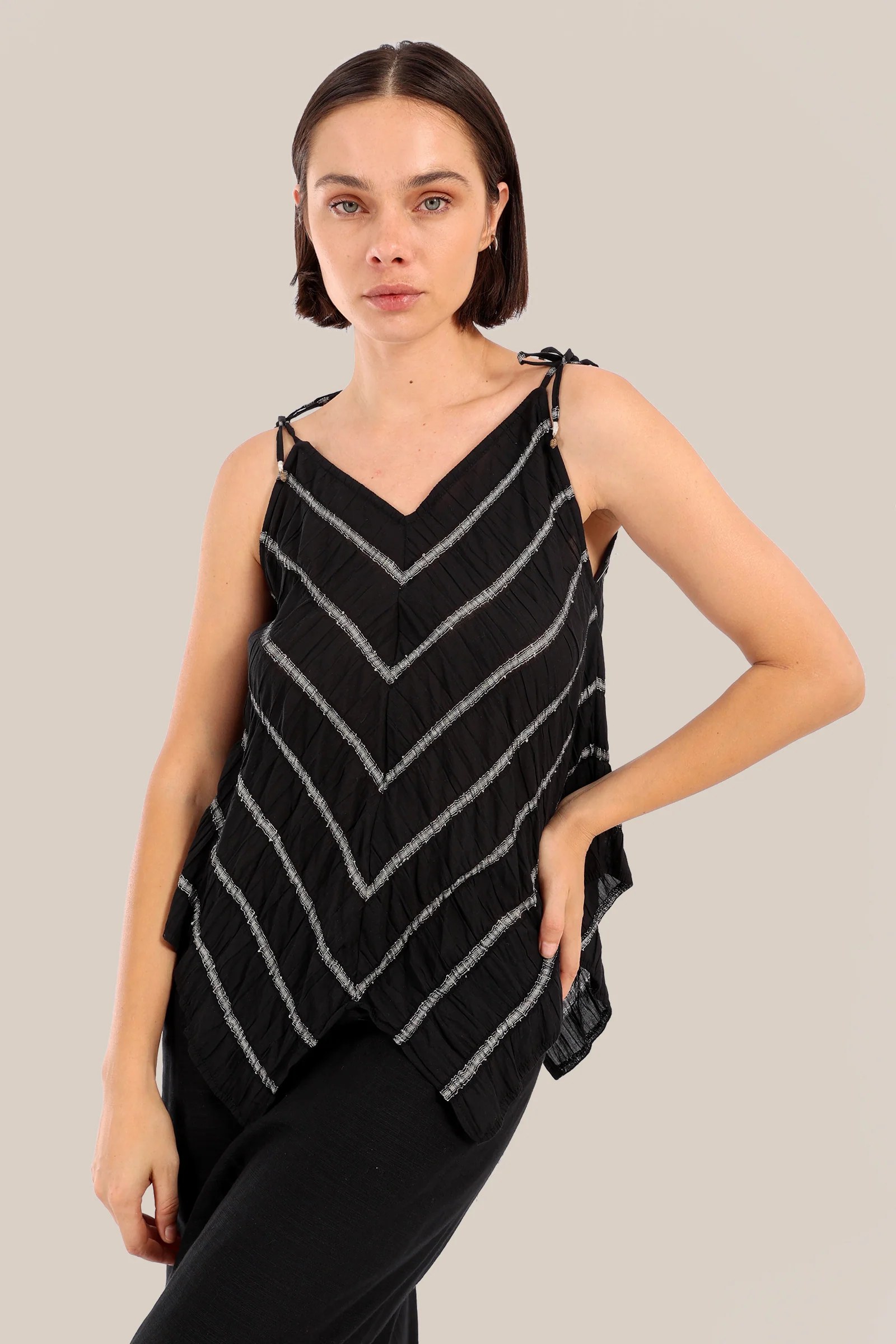 Striped bias cut top with thin straps