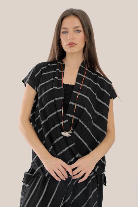 Sleeveless wrap top with crinkle striped and draped front