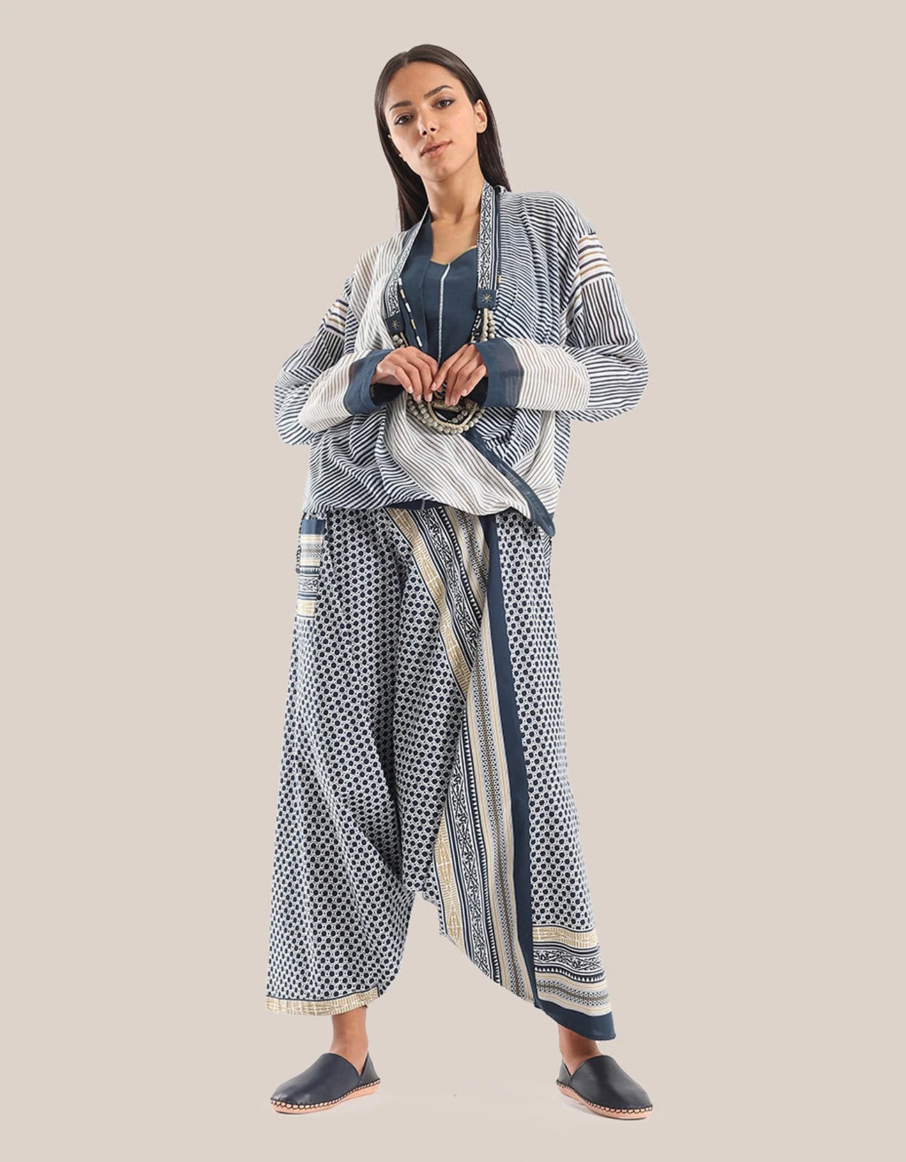 Harem pants with a wide elastic waistband