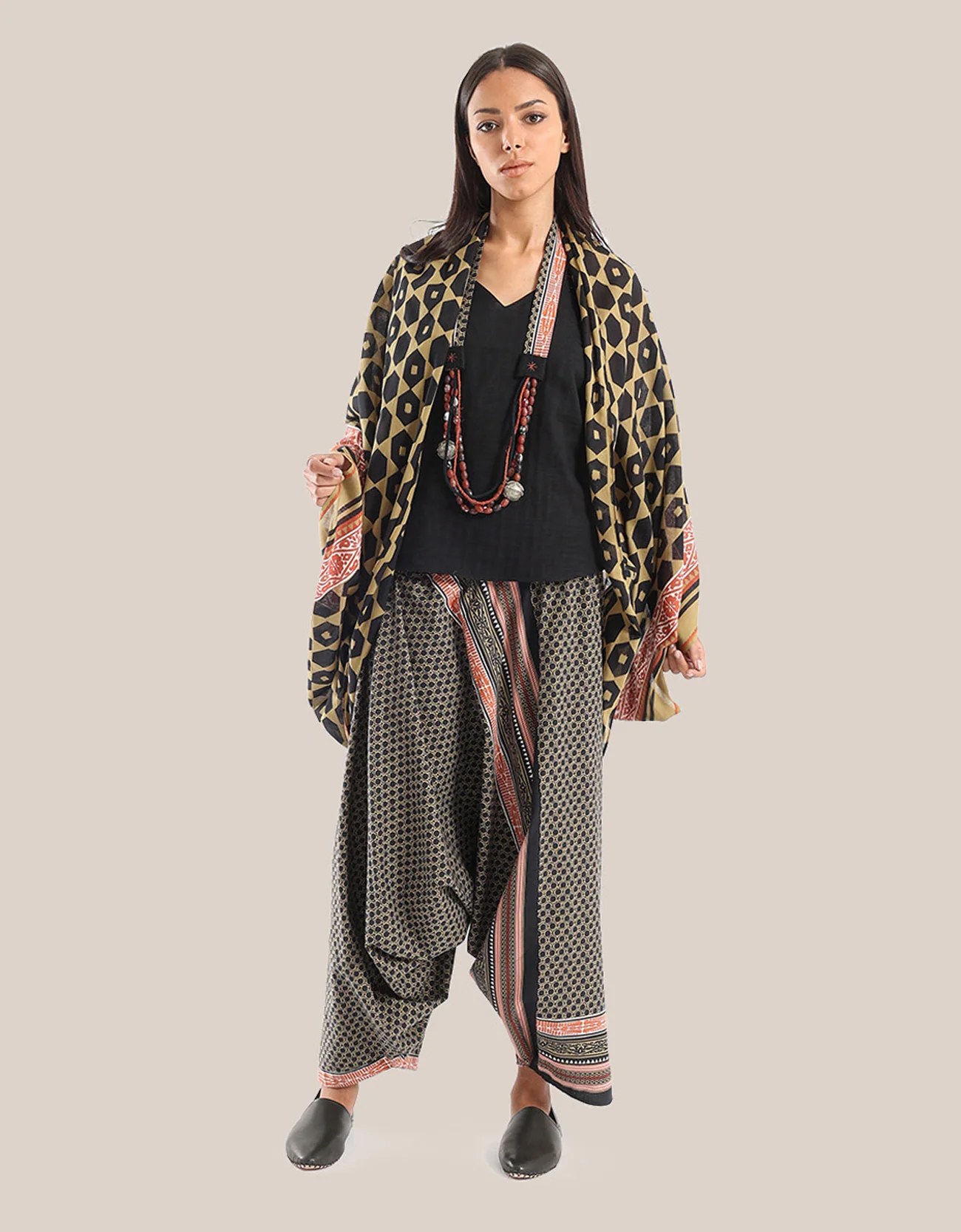 Harem pants with a wide elastic waistband