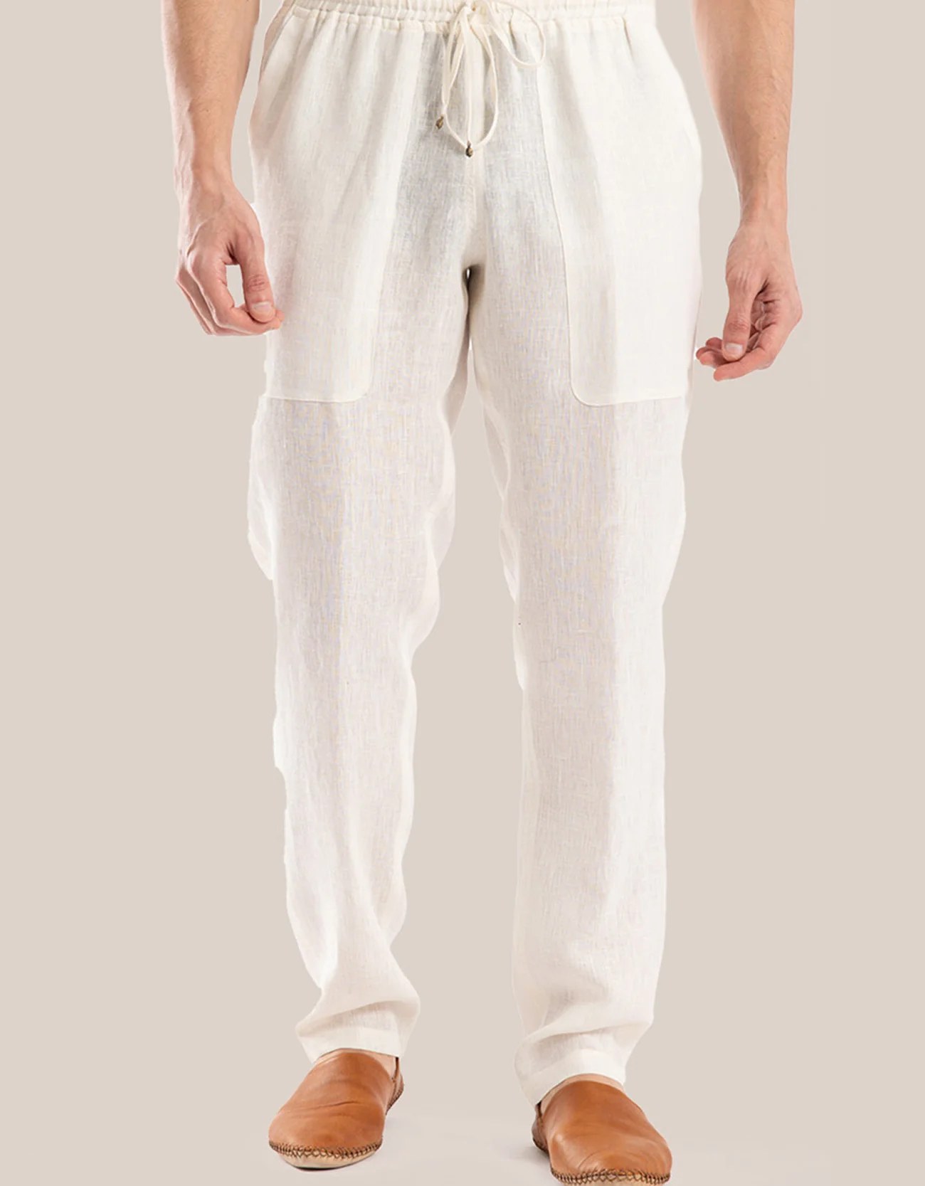 Straight leg linen pants with elastic waistline