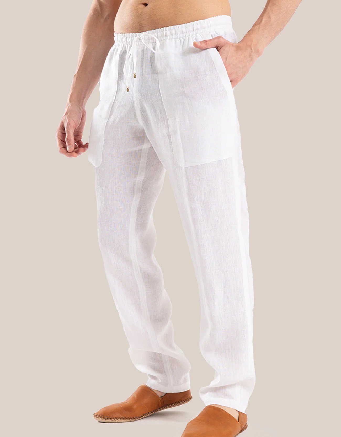 Straight leg linen pants with elastic waistline