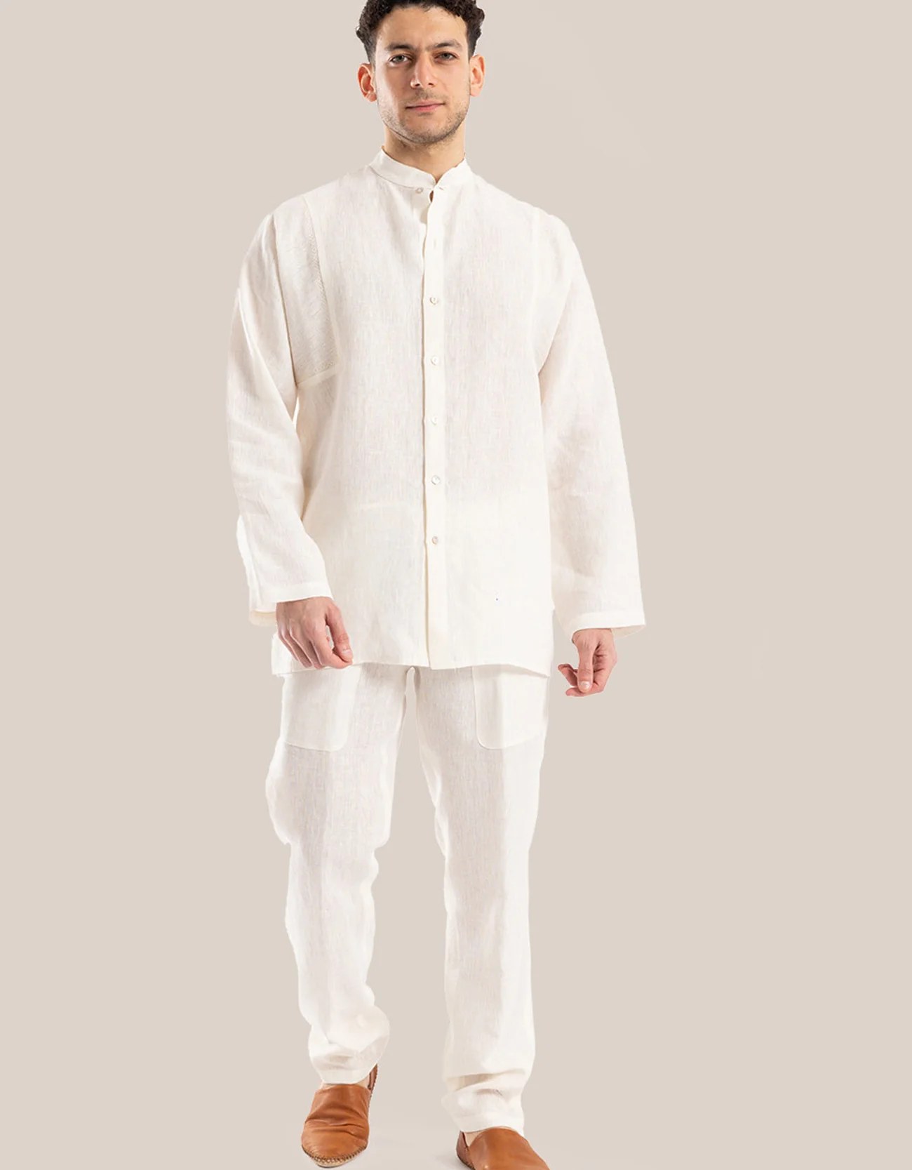 Linen shirt with button down and stand up collar