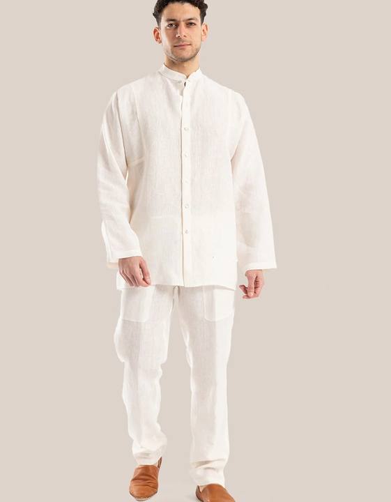 Linen shirt with button down and stand up collar