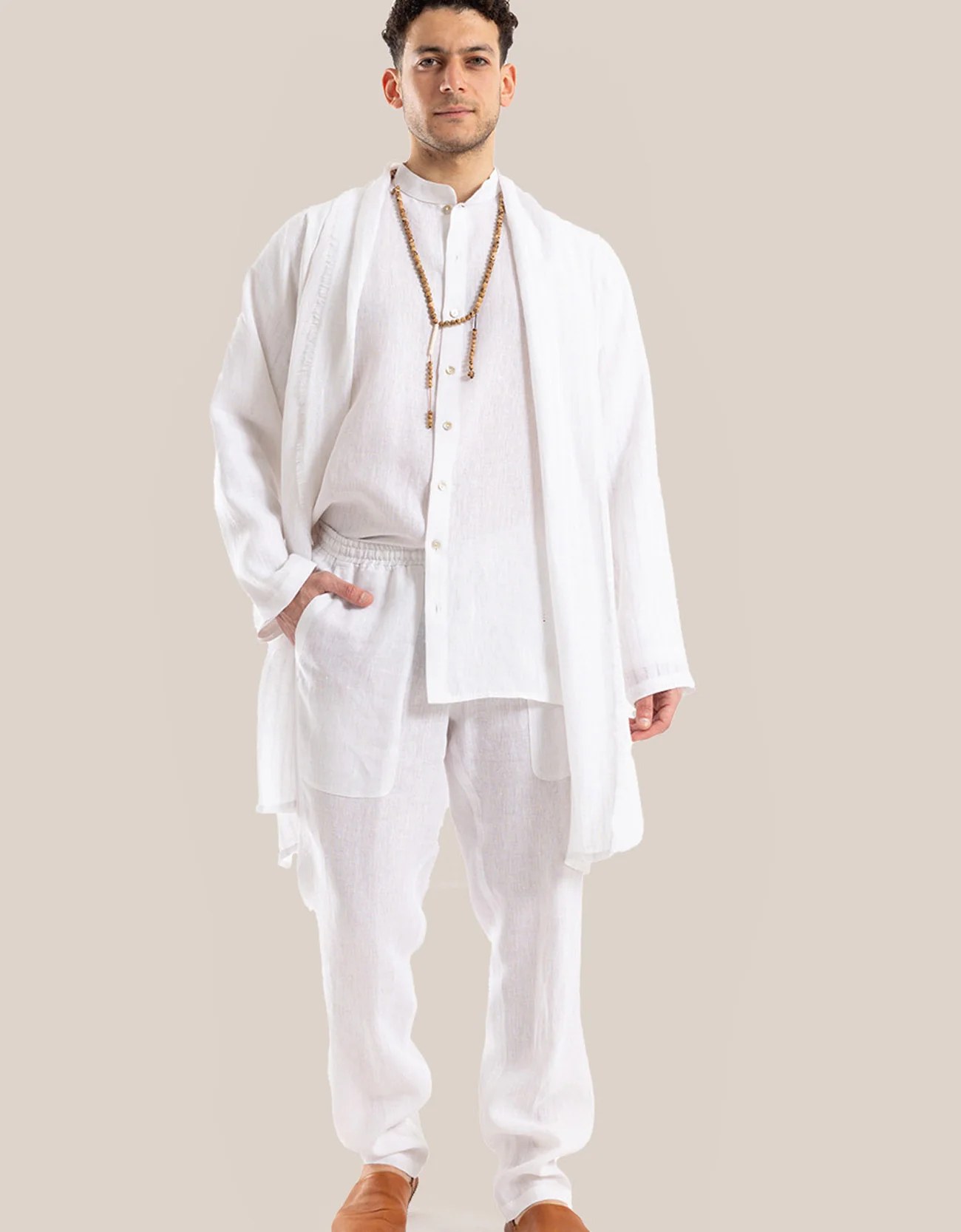Linen shirt with button down and stand up collar