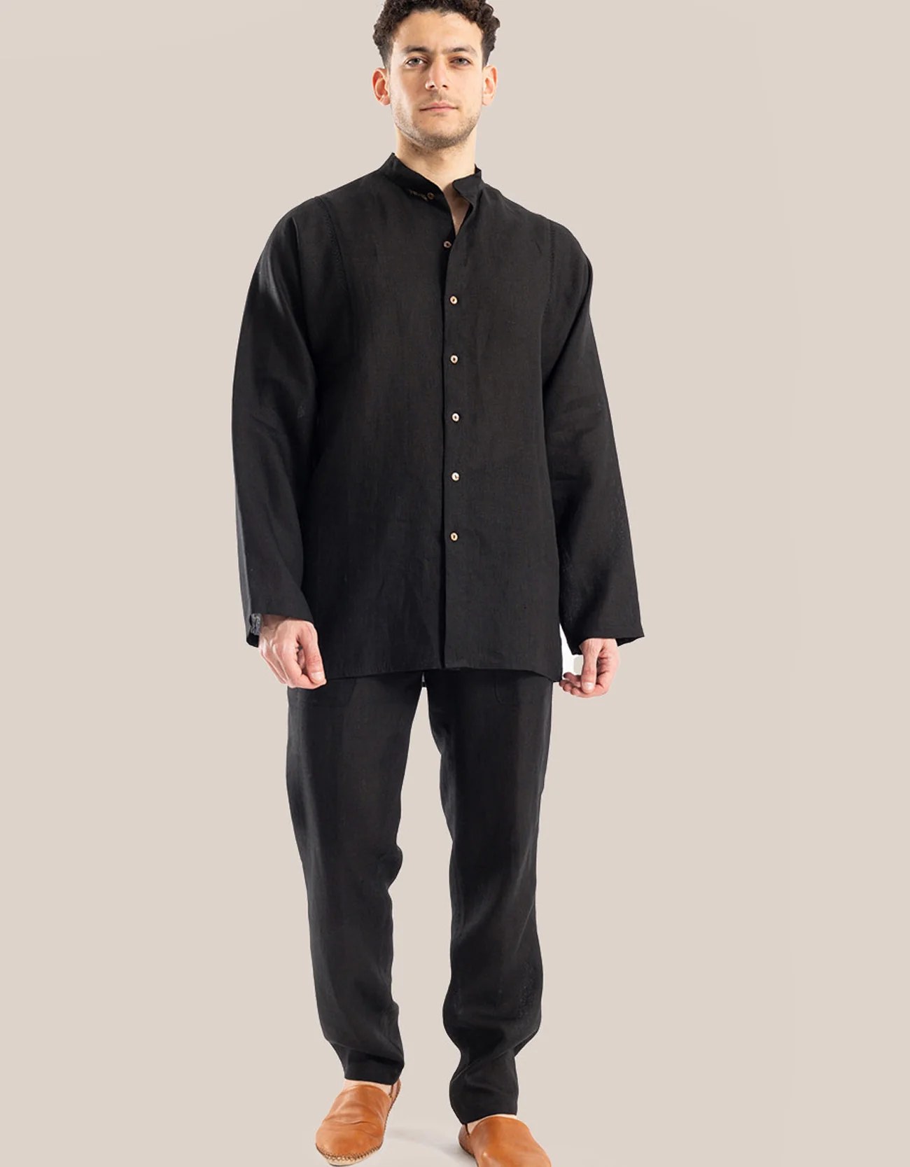 Linen shirt with button down and stand up collar