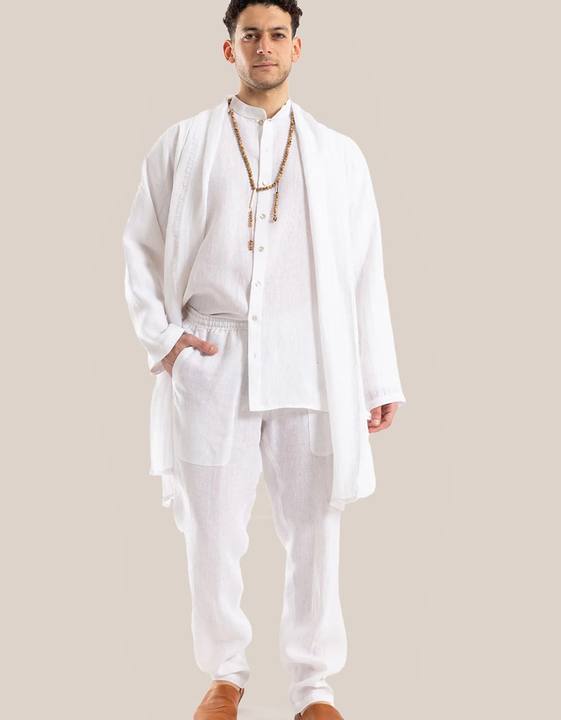 Linen shirt with button down and stand up collar