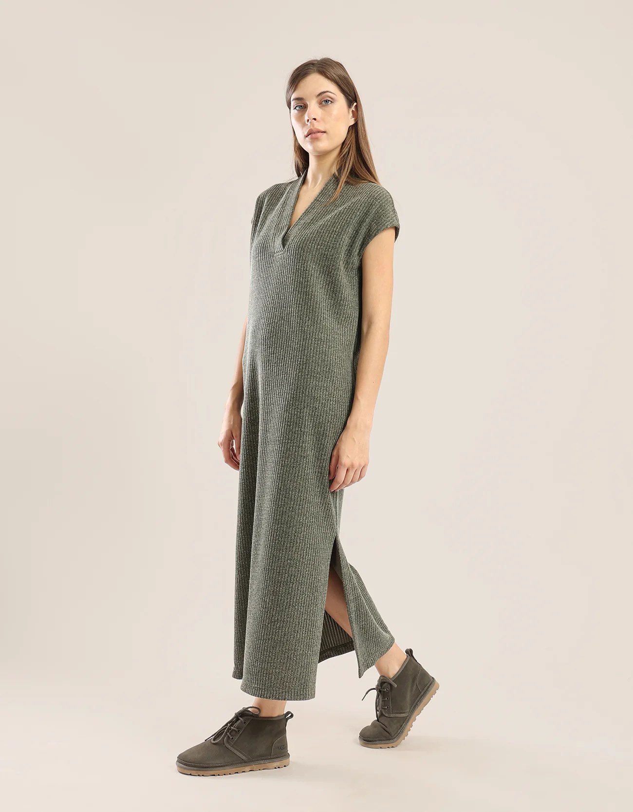 Long V neckline dress with side slits