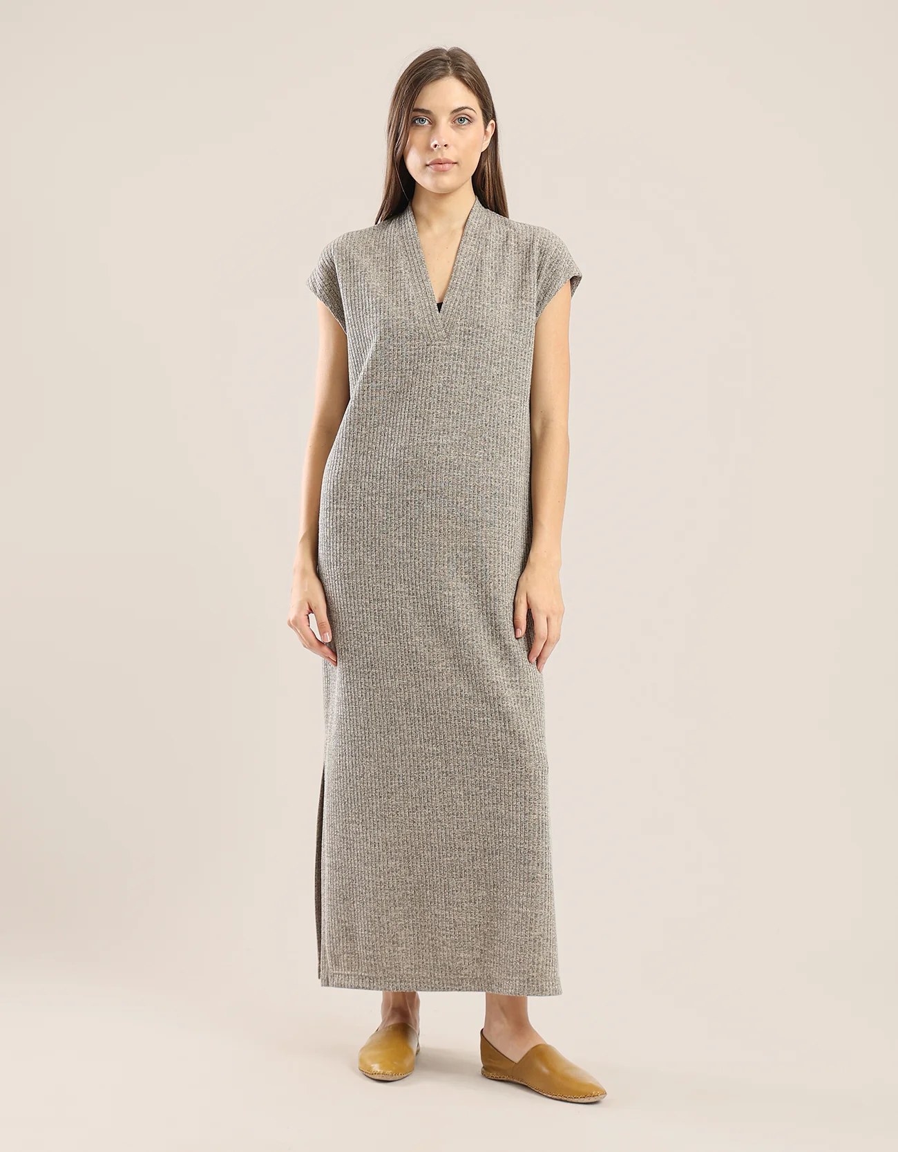 Long V neckline dress with side slits
