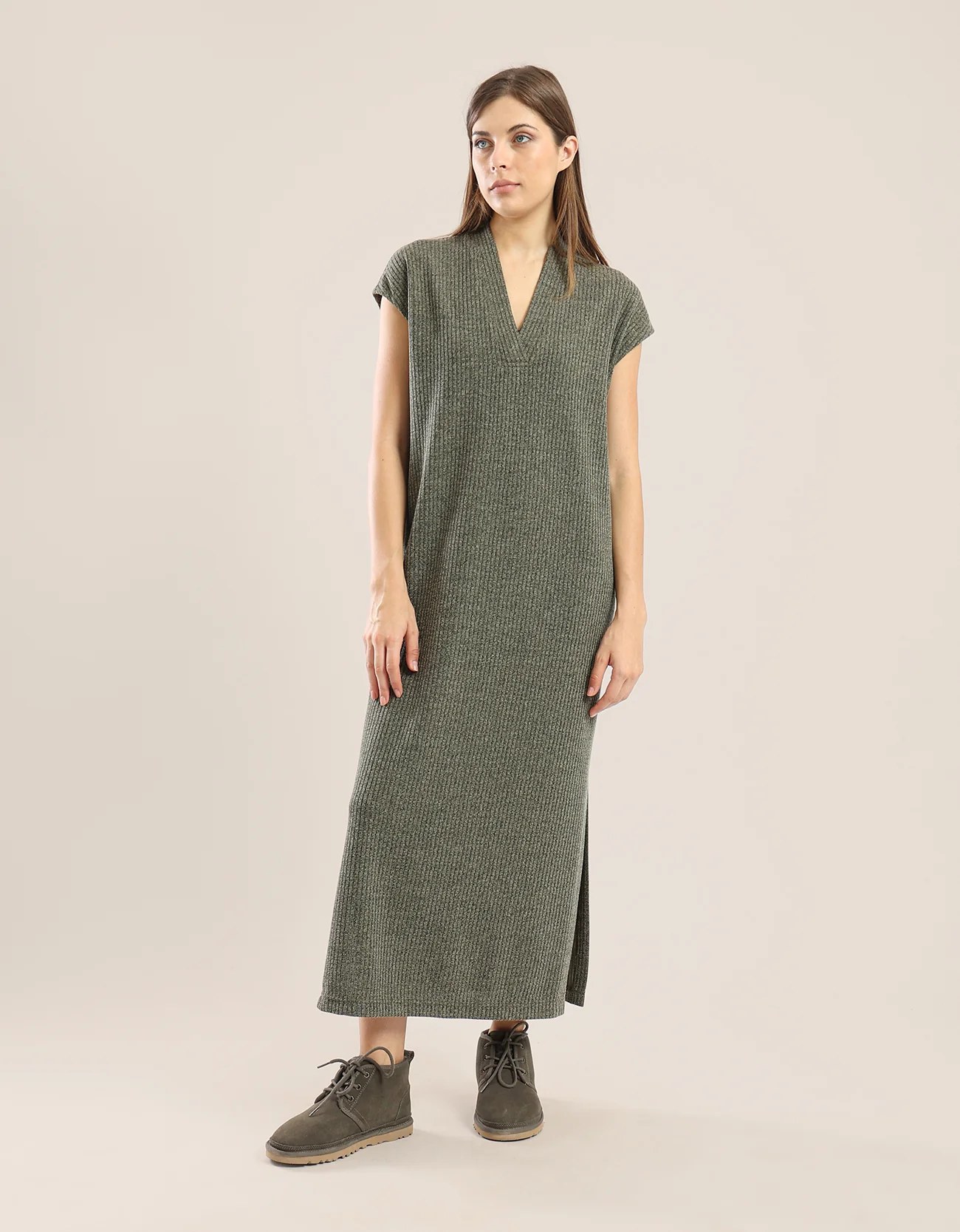 Long V neckline dress with side slits