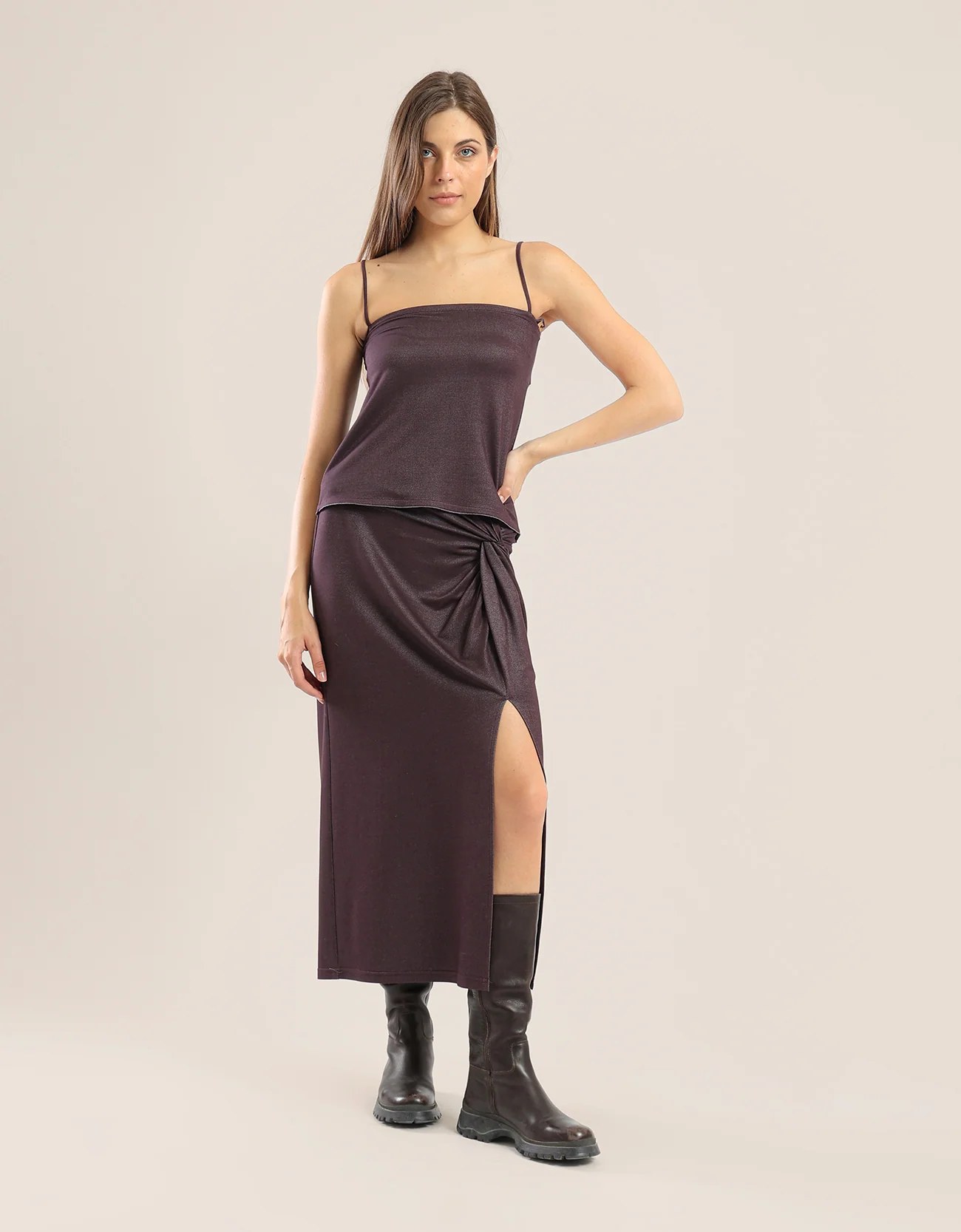 Short tank top in metallic stretch jersey