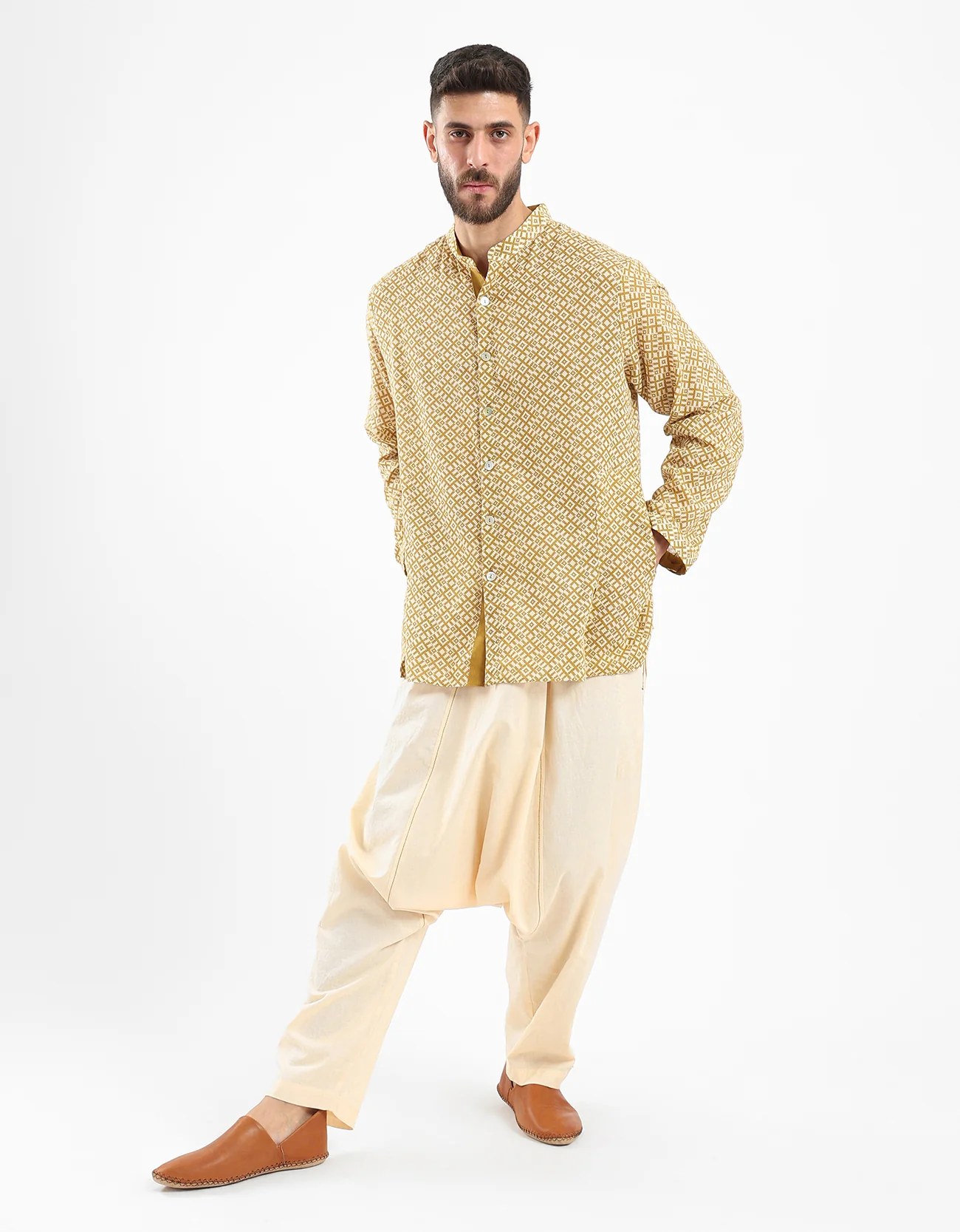 Shirt in cotton printed gauze with stand up collar