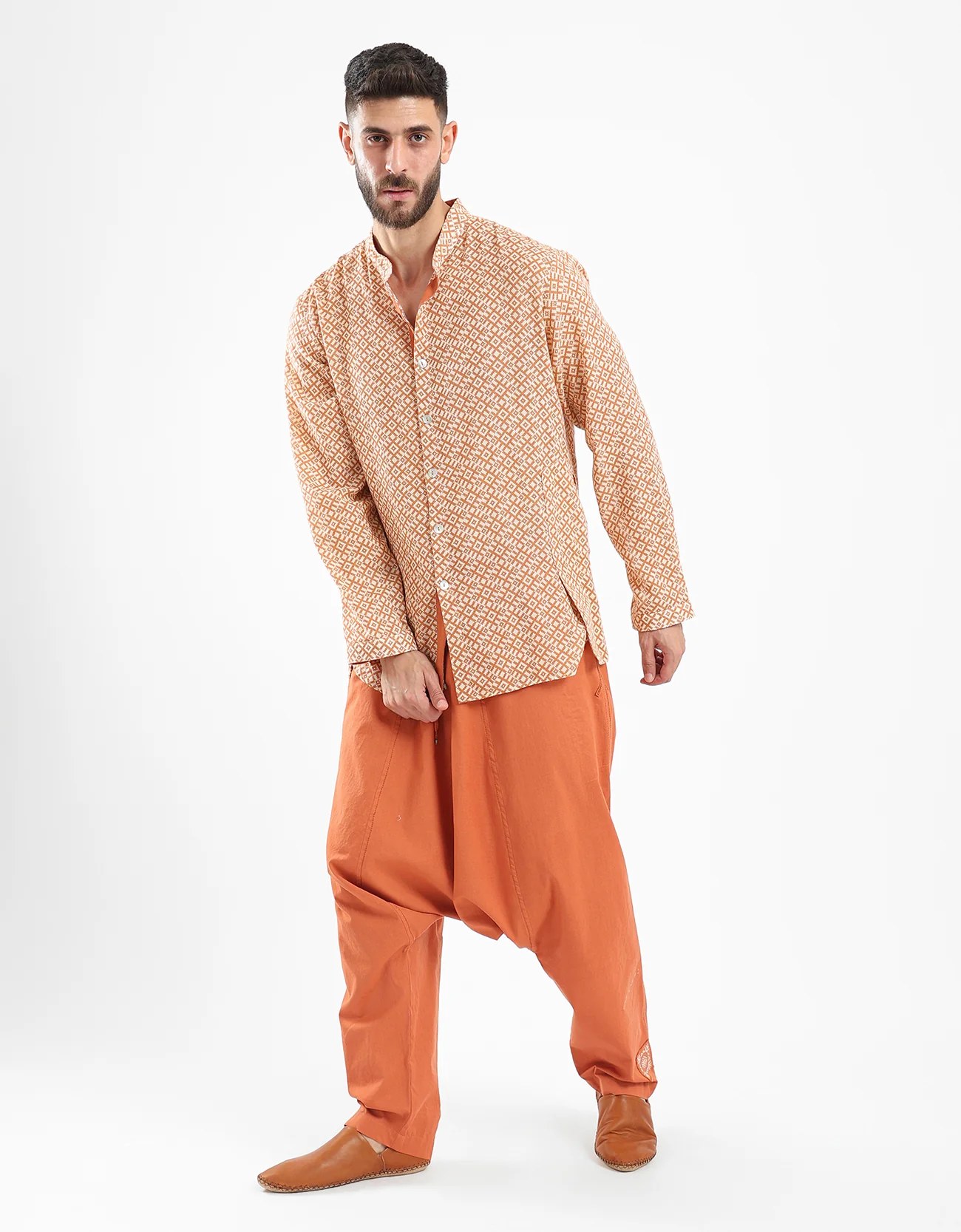 Shirt in cotton printed gauze with stand up collar