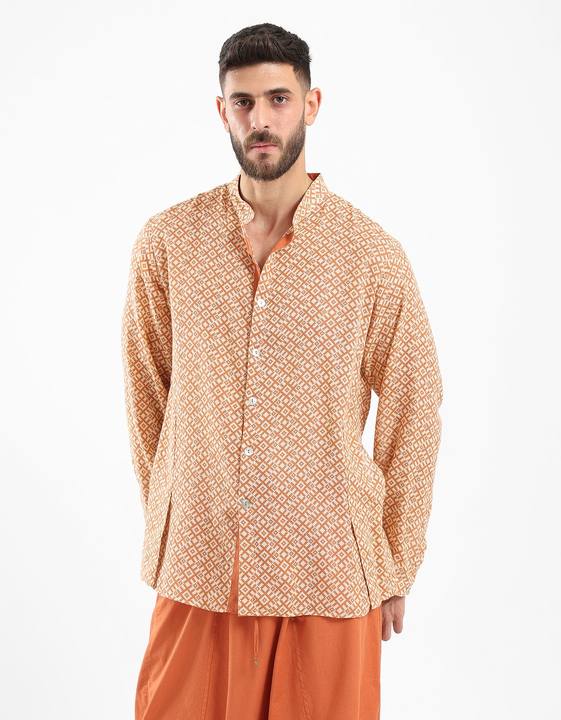 Shirt in cotton printed gauze with stand up collar