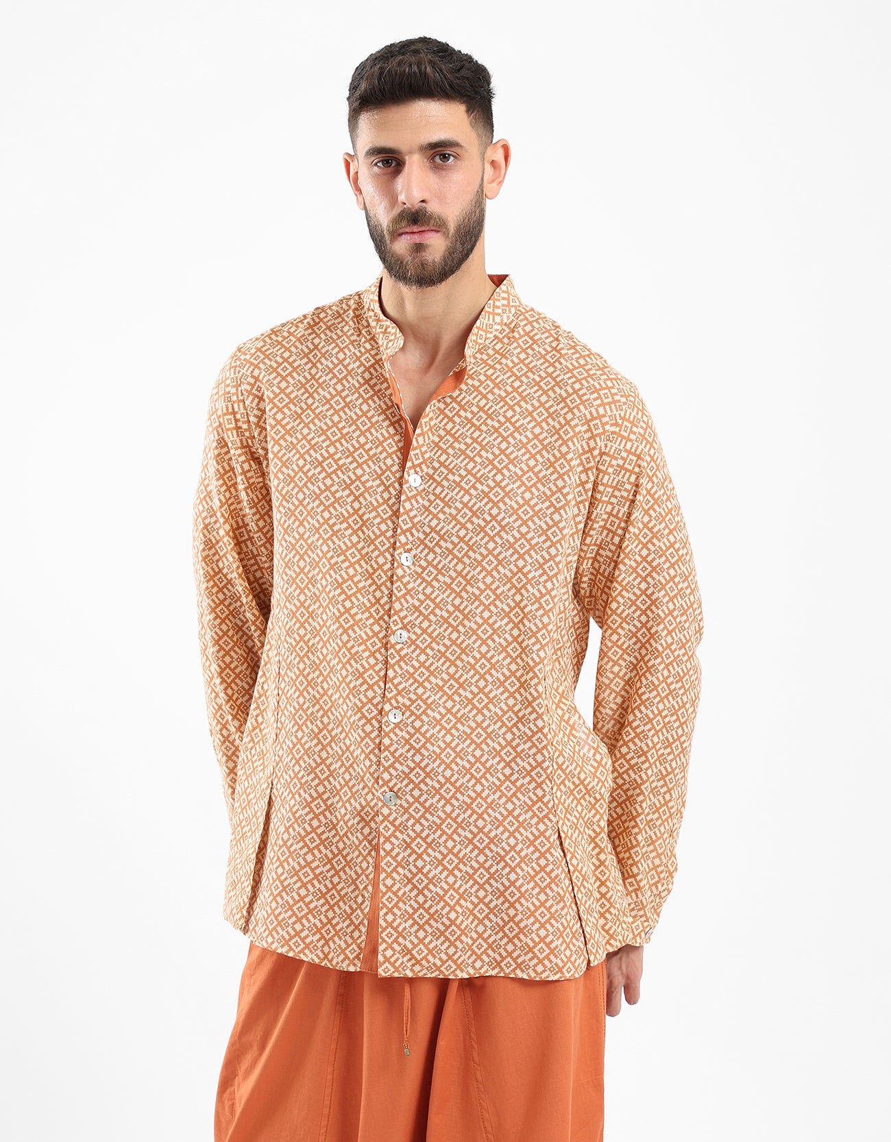 Shirt in cotton printed gauze with stand up collar
