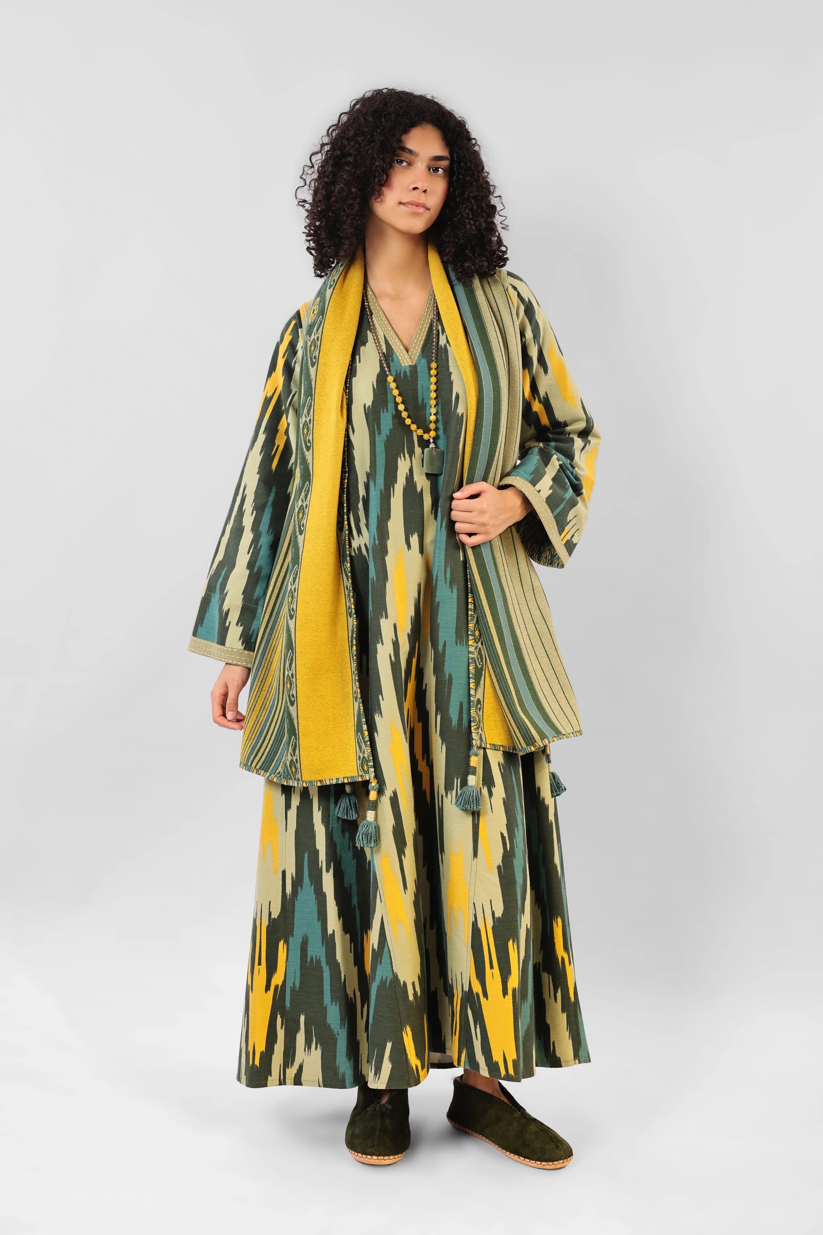 Long cotton gabardine kaftan dress with pockets