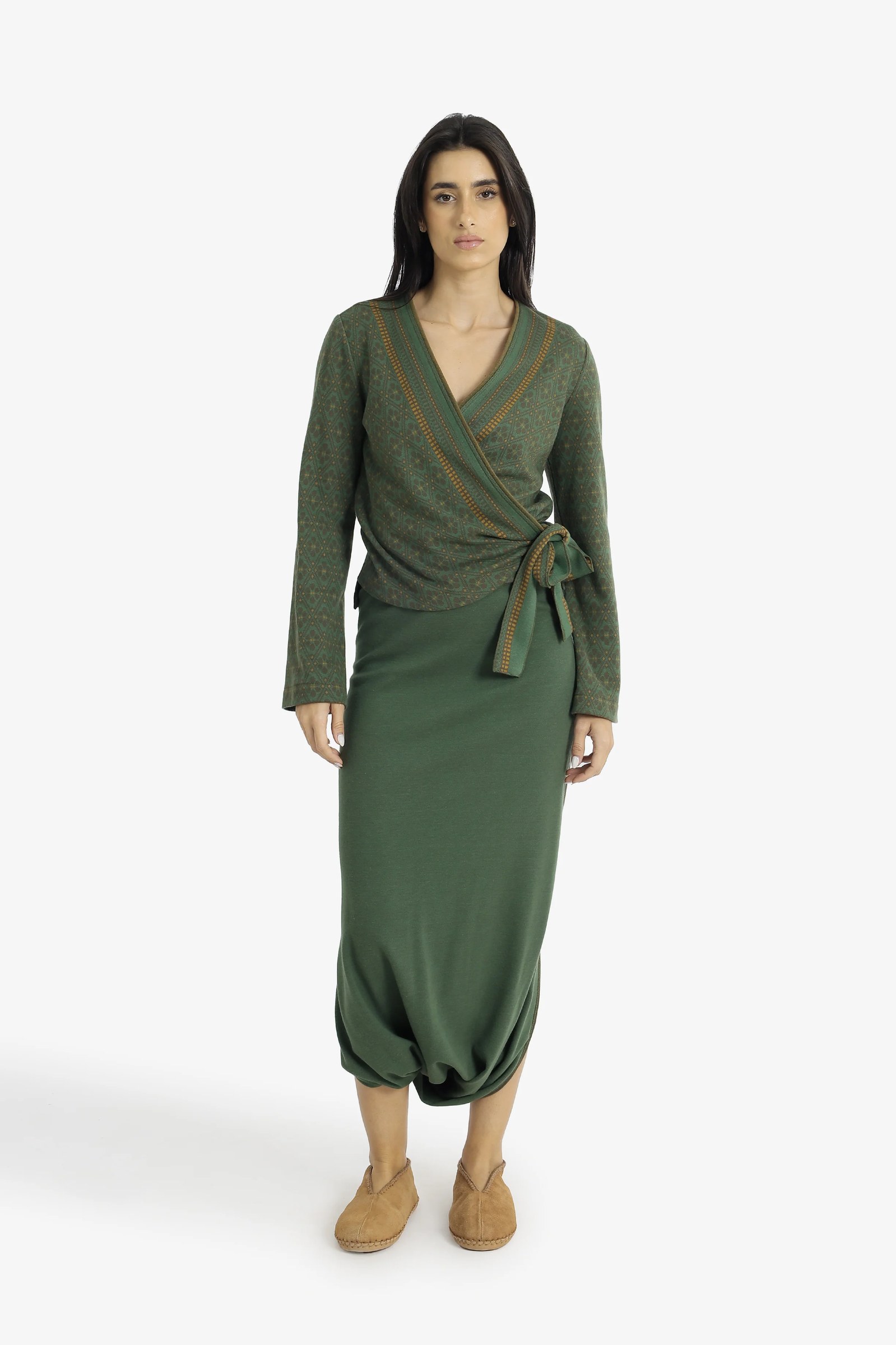 Patterned jacquard wrap top with side tie