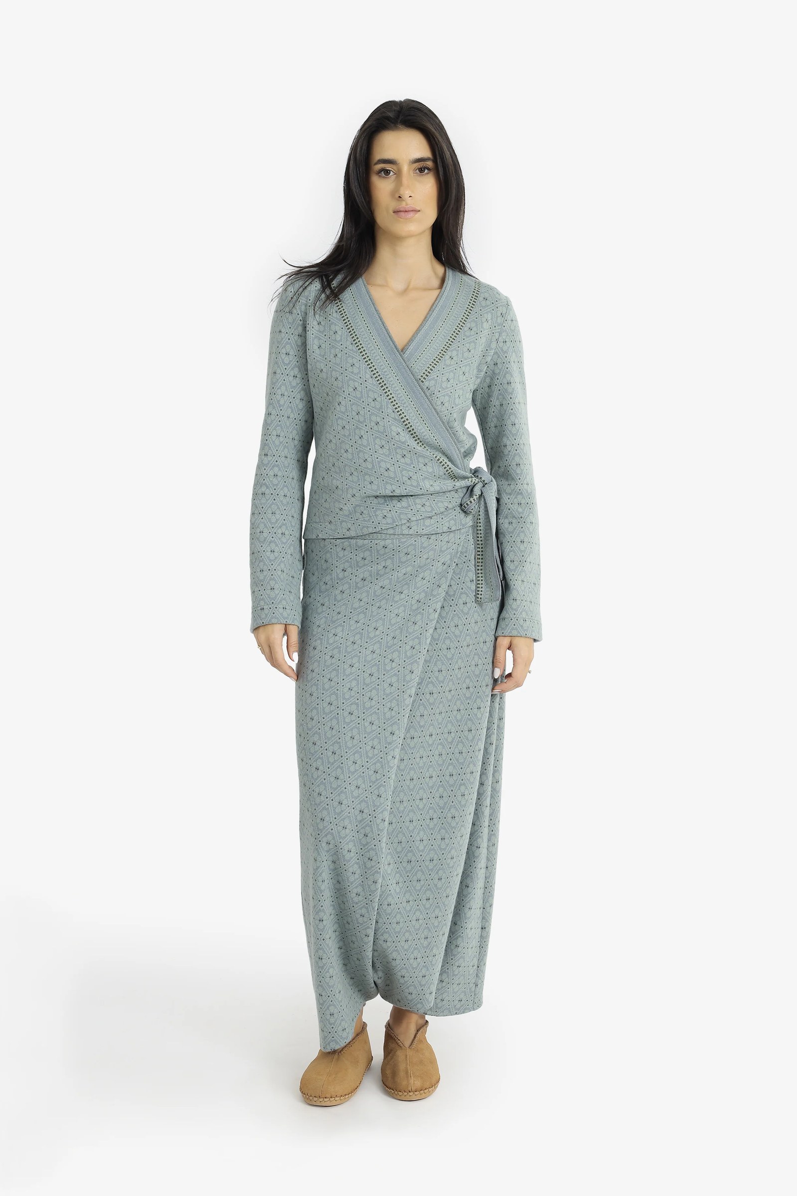Patterned jacquard wrap top with side tie