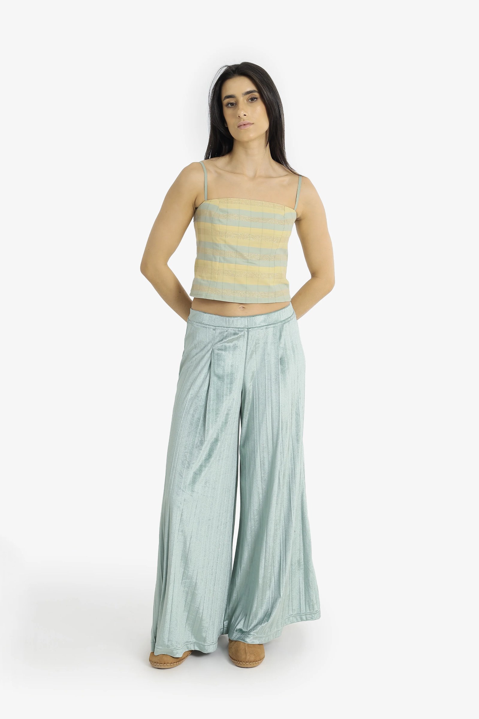 Gold striped cotton bustier with adjustable straps