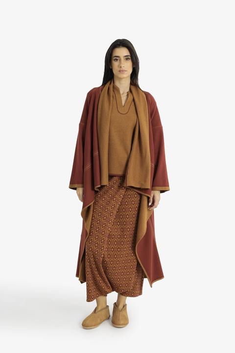 Draped collar coat with contrast stitching