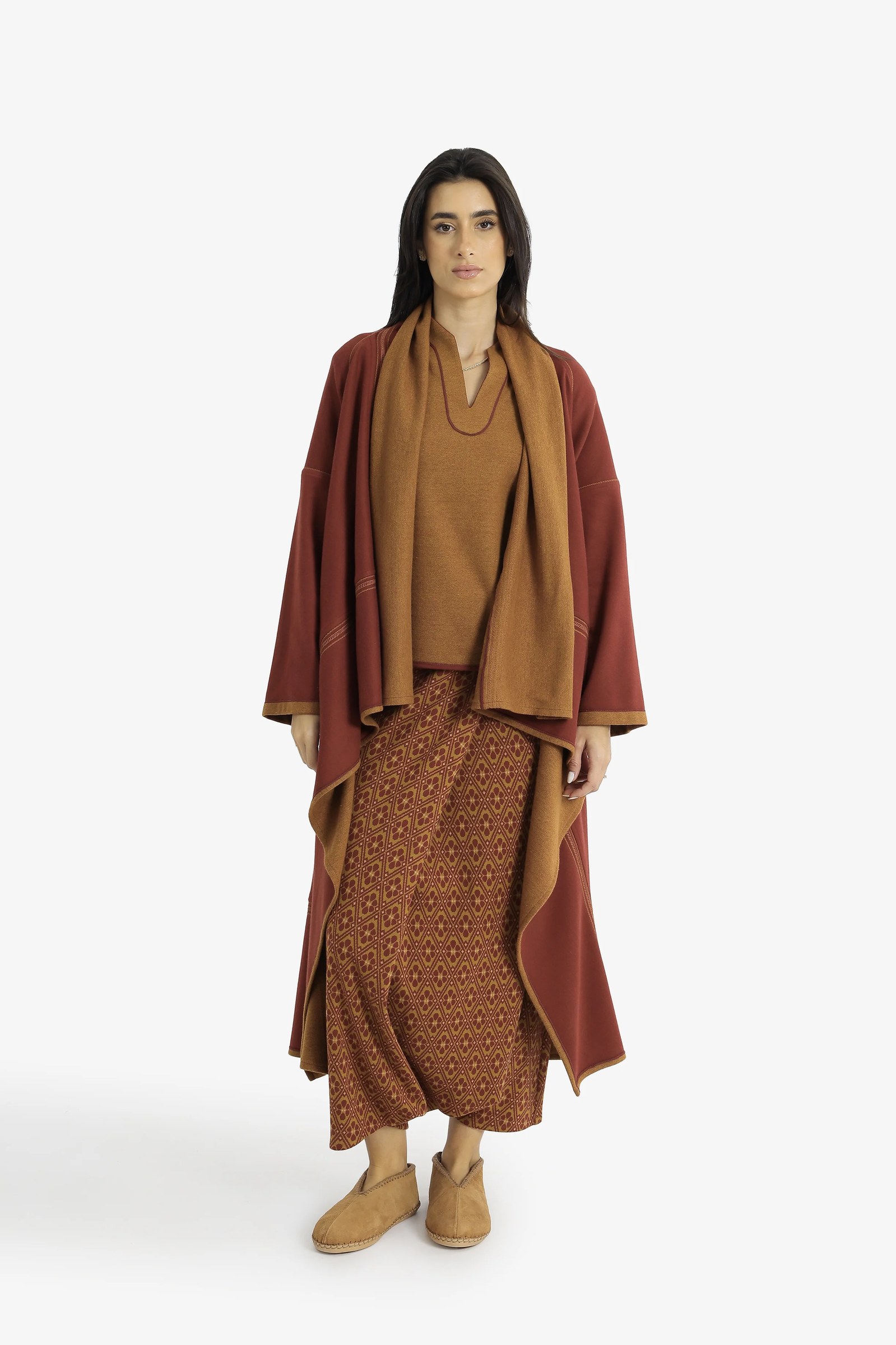 Draped collar coat with contrast stitching