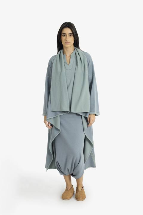 Draped collar coat with contrast stitching
