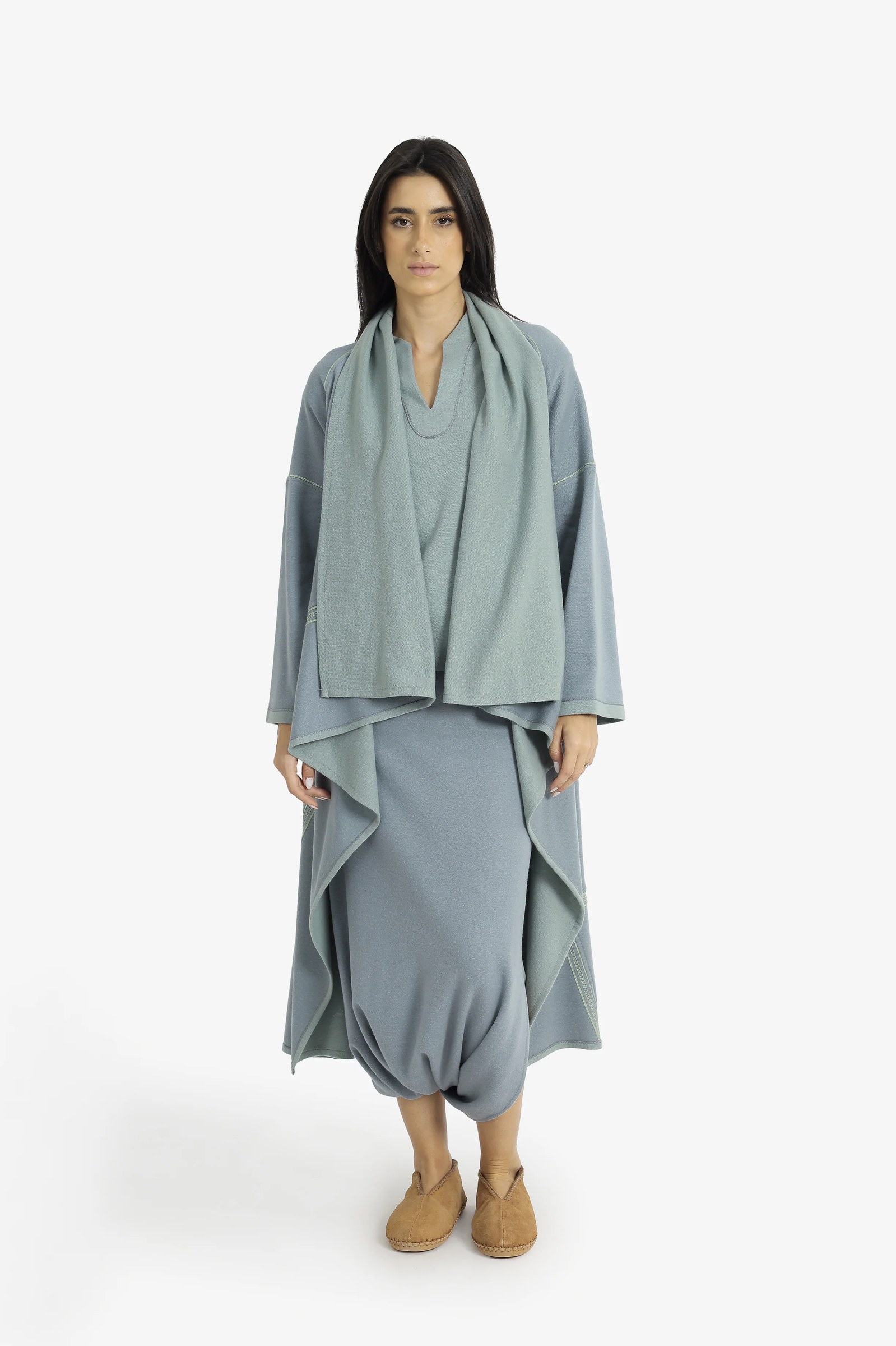 Draped collar coat with contrast stitching