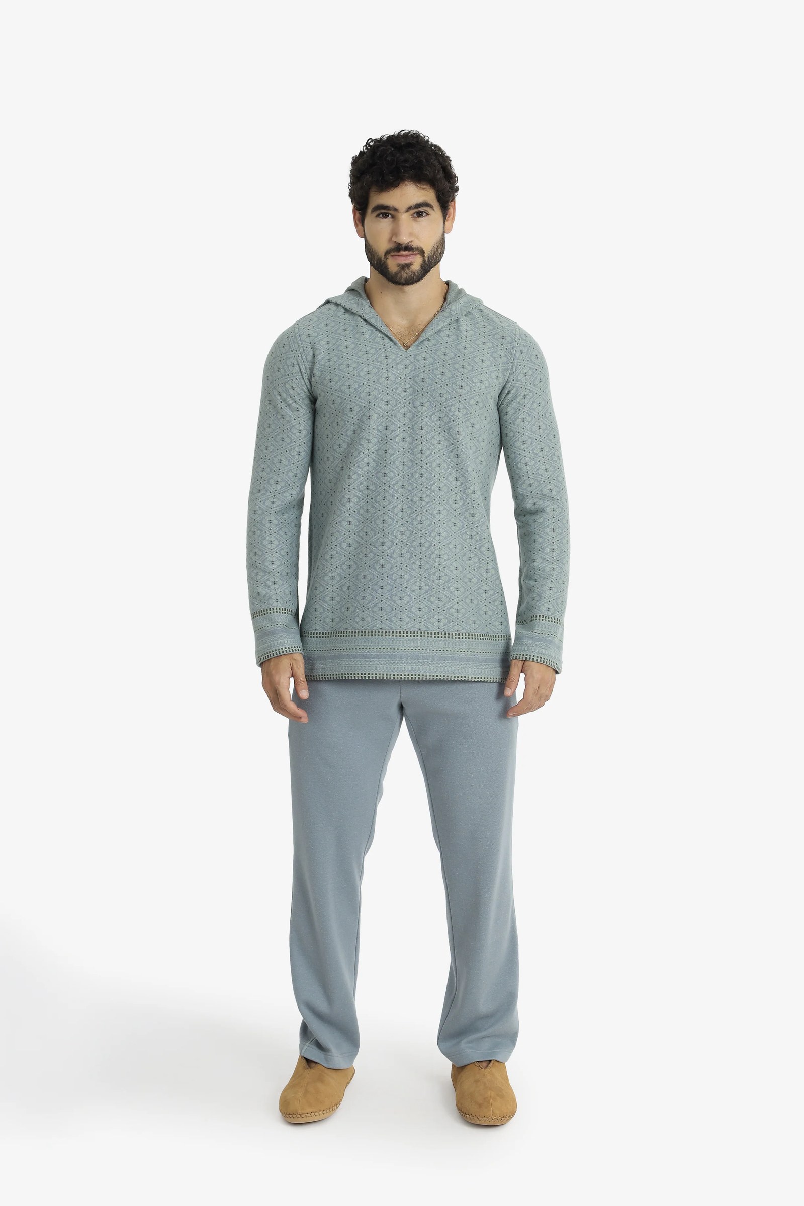 Men’s patterned jacquard hoodie with V neckline