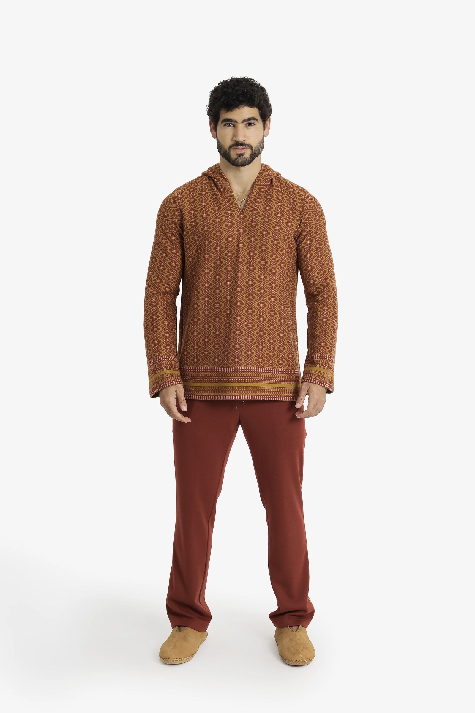 Men’s patterned jacquard hoodie with V neckline