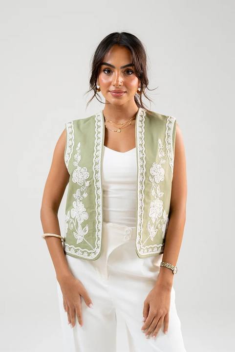 Embroidered Open-Front Vest