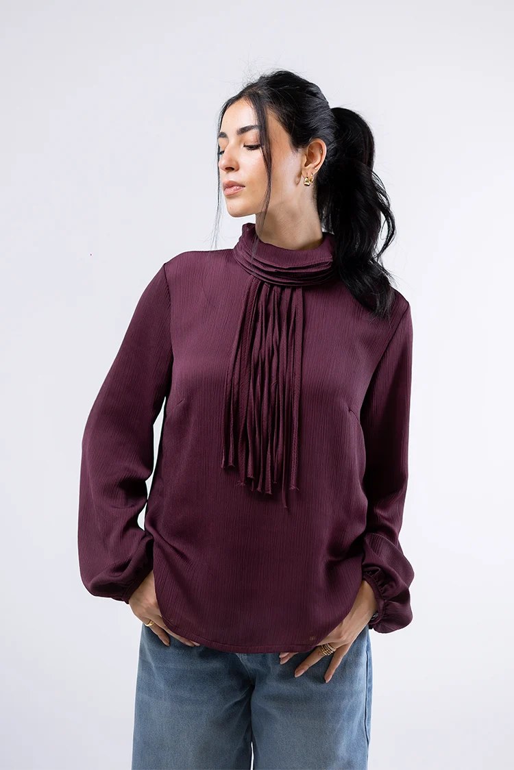 High-Neck Pleated Blouse