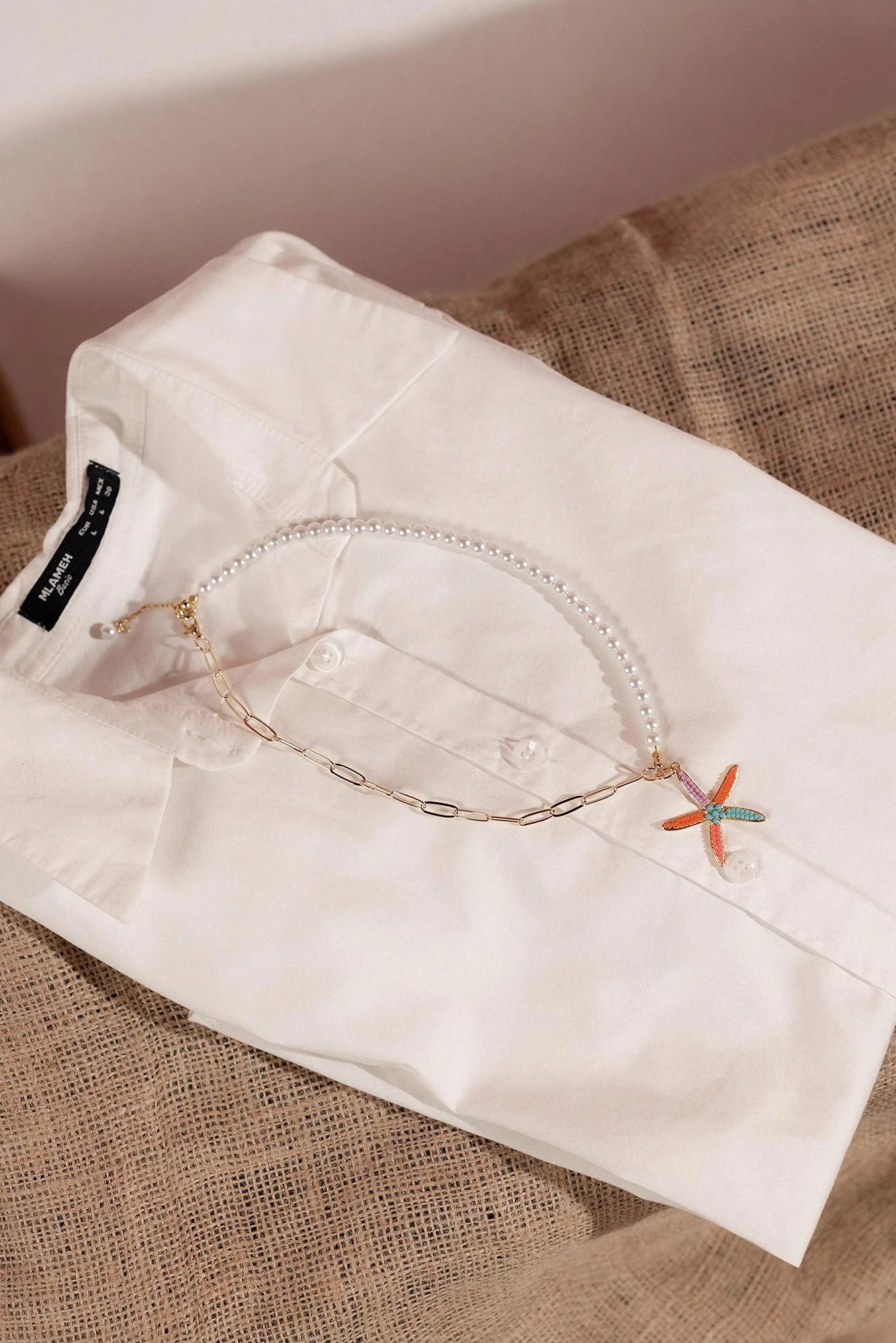 Colorful metal starfish with pearl with handmade pearl necklace