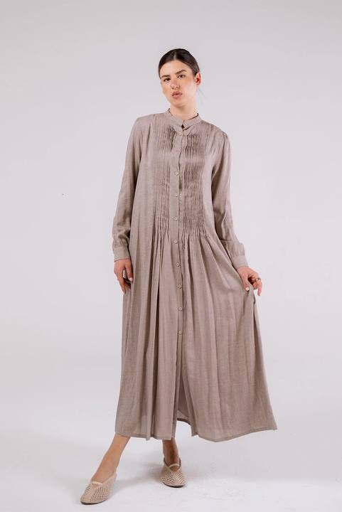 Soft Taupe Pleated Maxi Dress