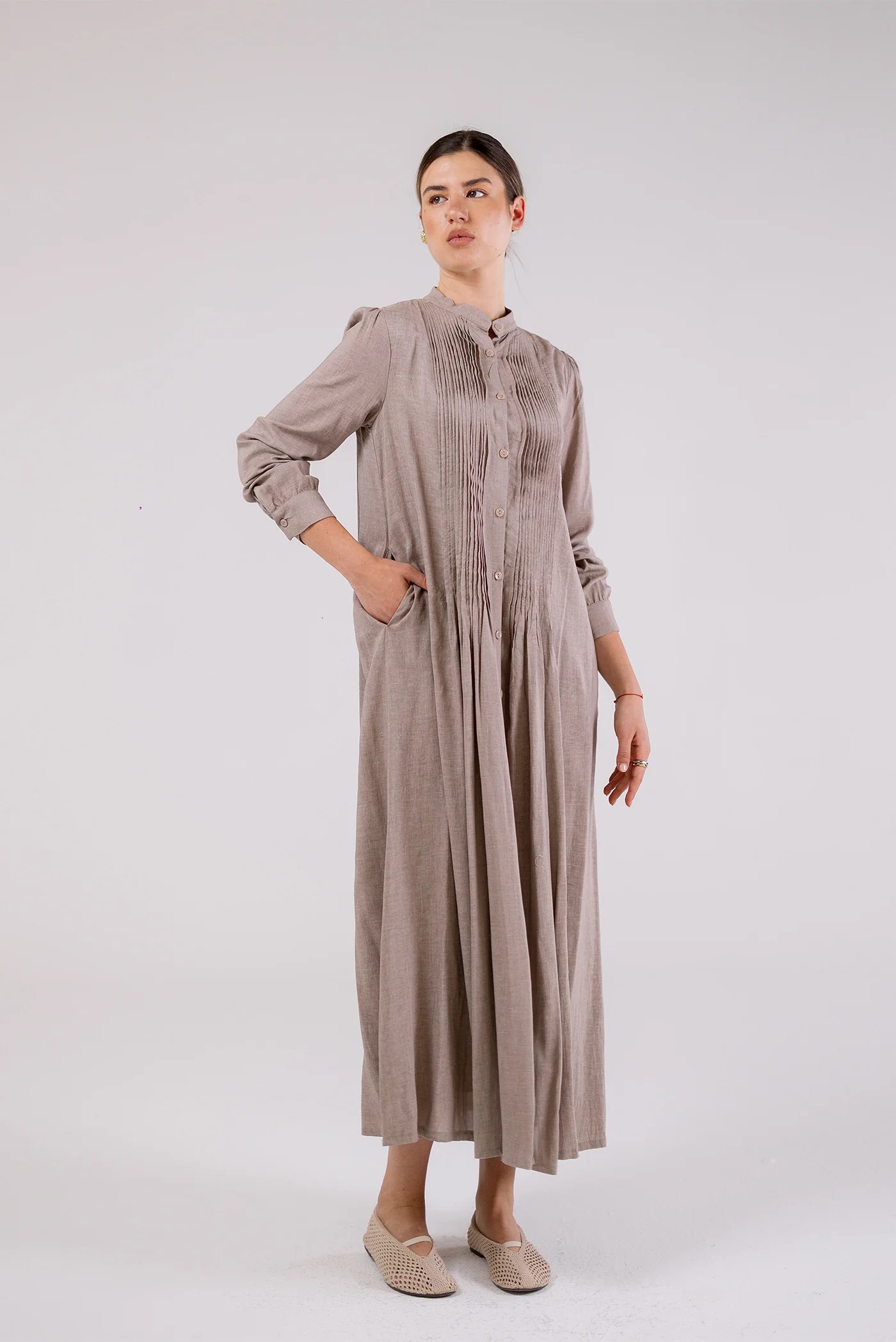 Soft Taupe Pleated Maxi Dress