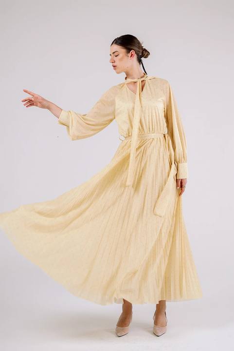 Pleated Pussy-Bow Maxi Dress