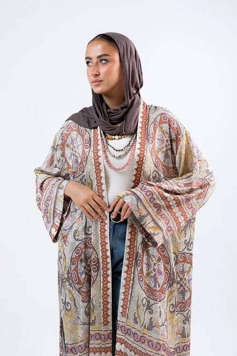 Long Open-Front Printed Cardigan