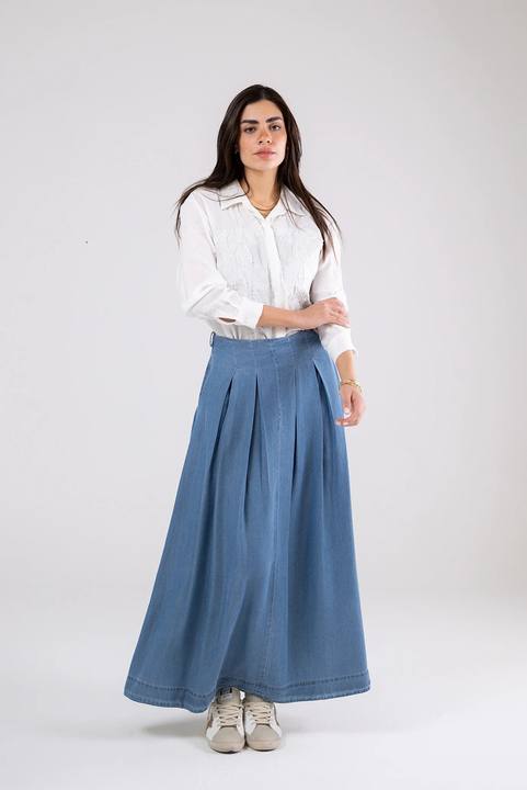 Light Denim Pleated Maxi Skirt