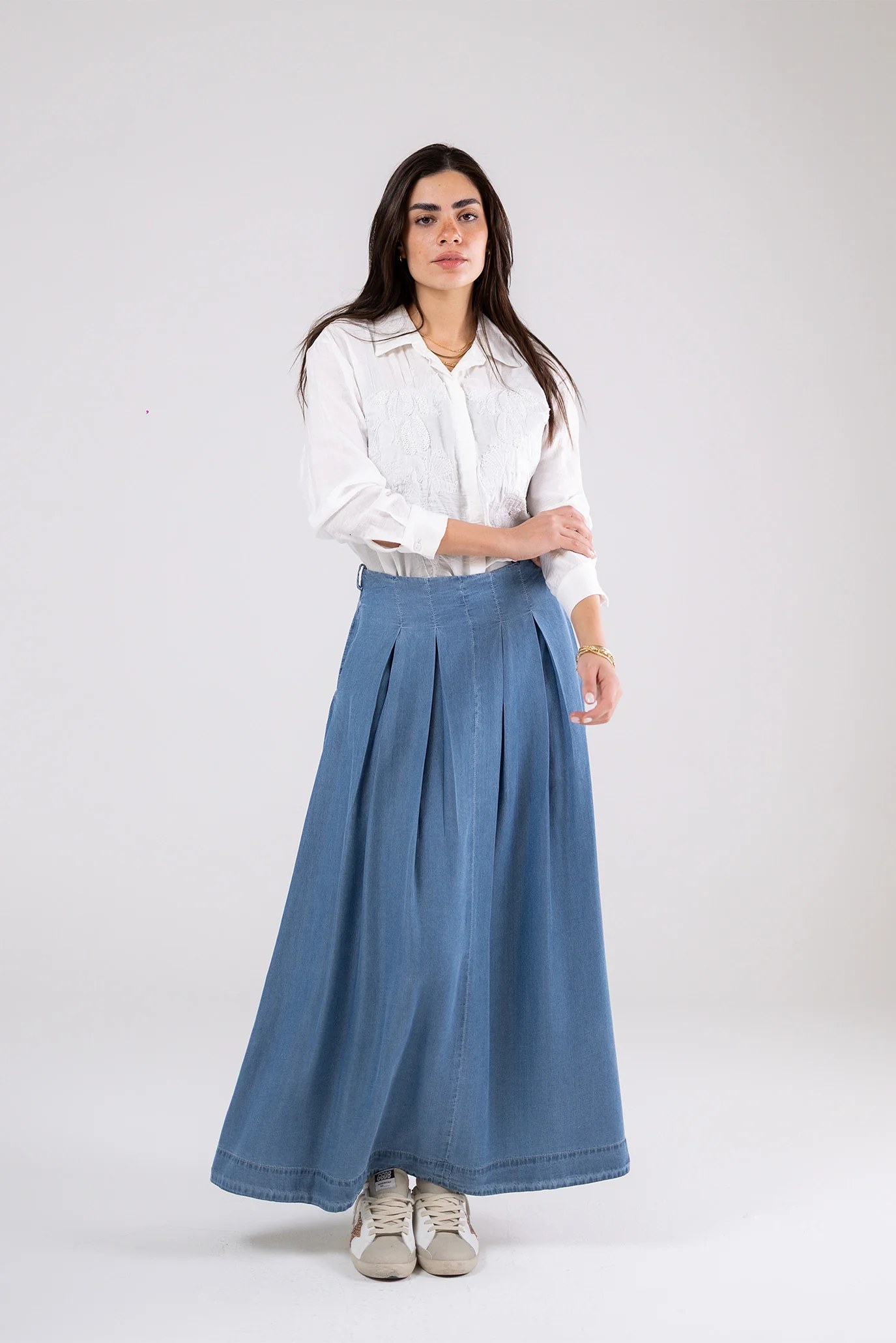 Light Denim Pleated Maxi Skirt