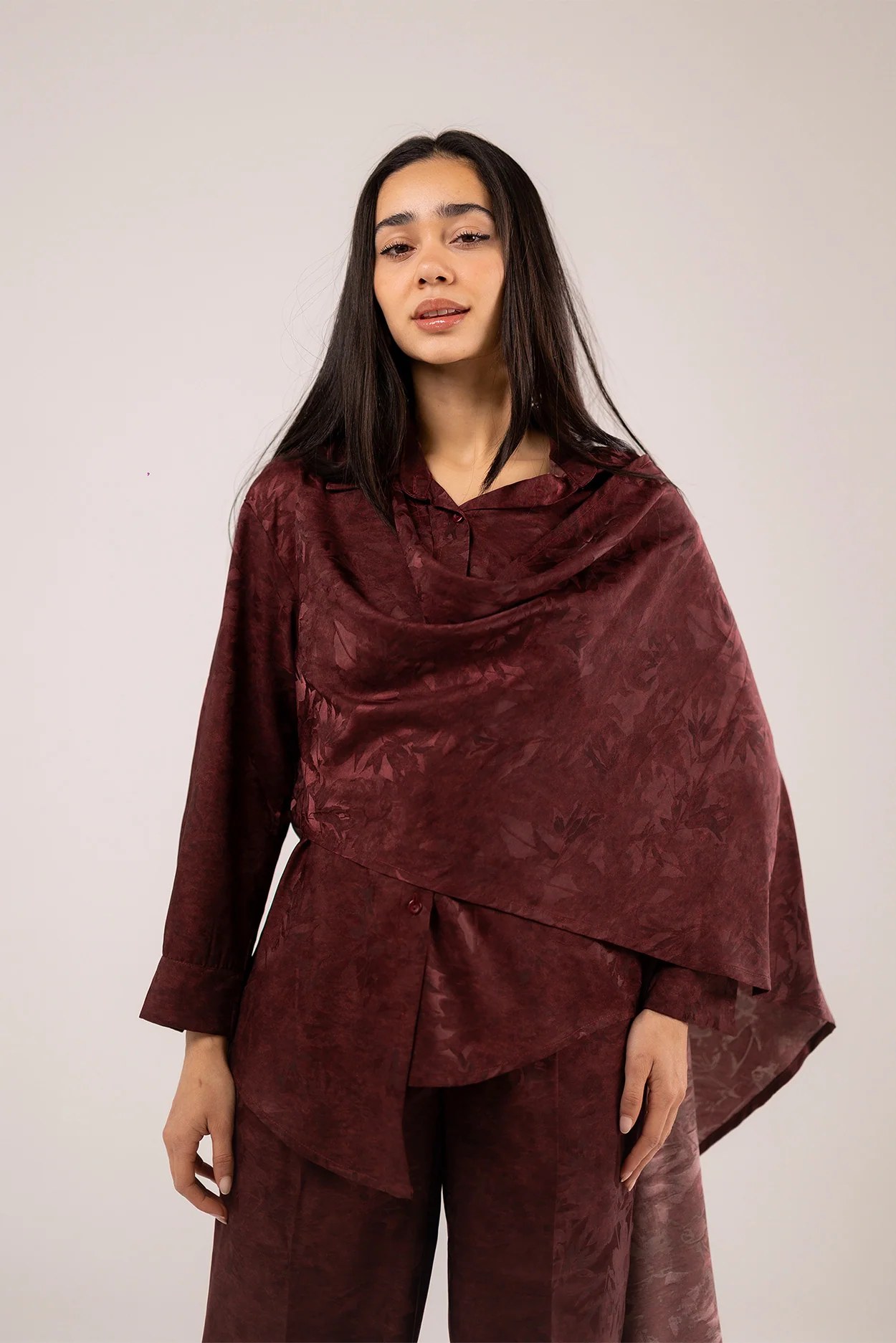 Draped Long-Sleeve Top with Scarf Detail