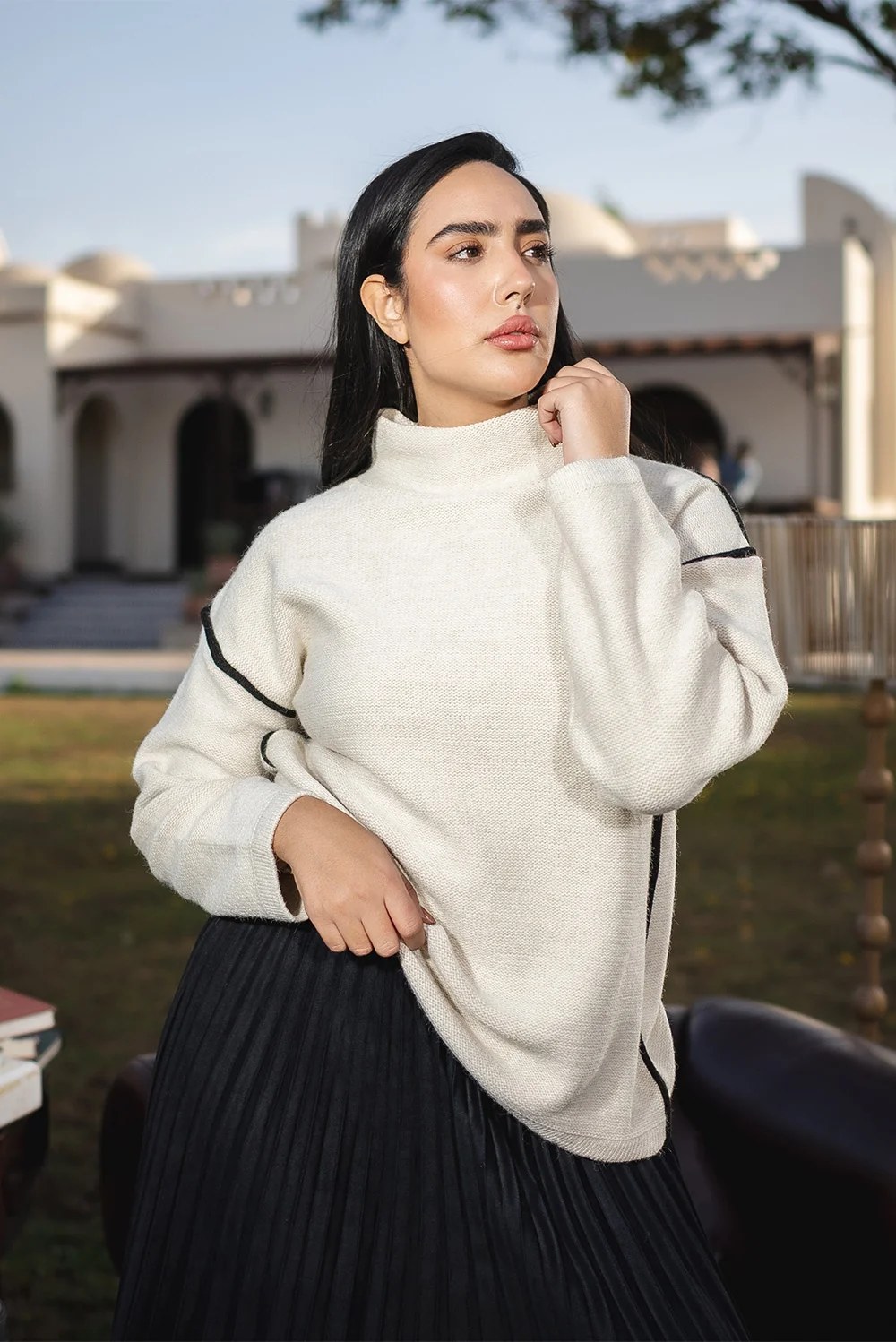 High-Neck Minimal Knit Sweater