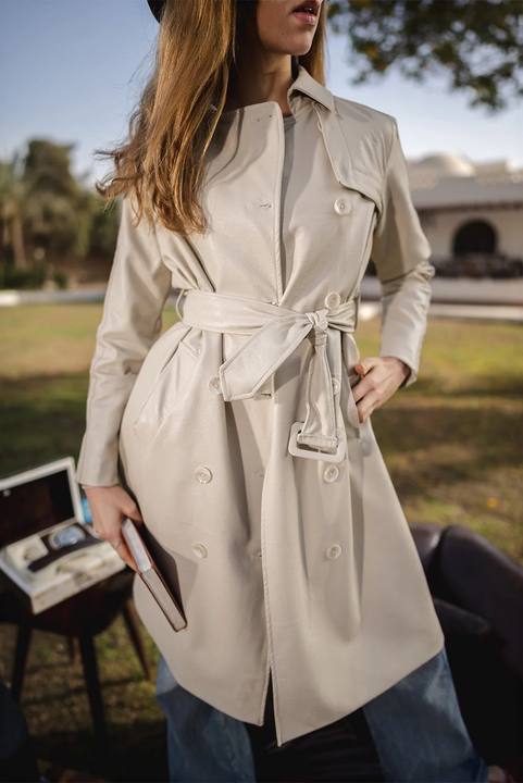 Faux-Leather Belted Trench Coat