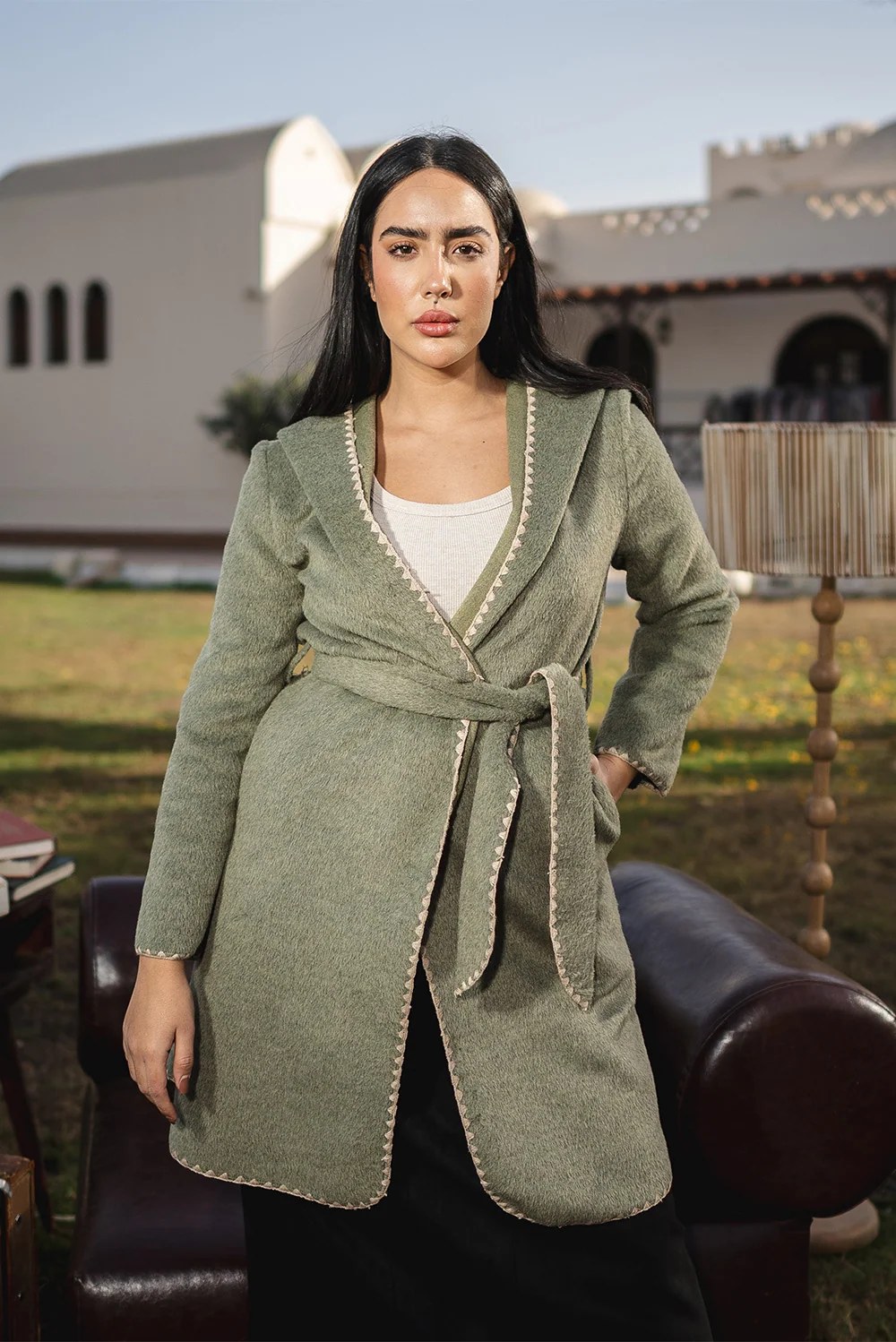 Stitched Trim Belted Coat