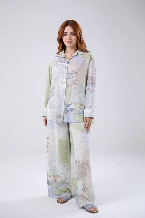 Patchwork Print Wide-Leg Pants