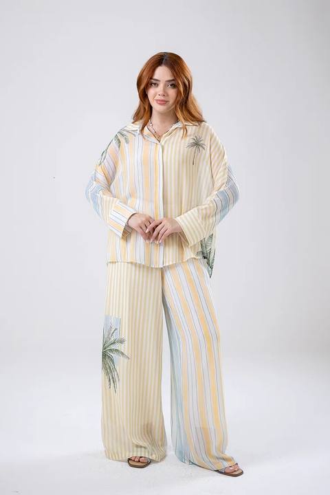 Palm Stripe Wide-Leg Pants