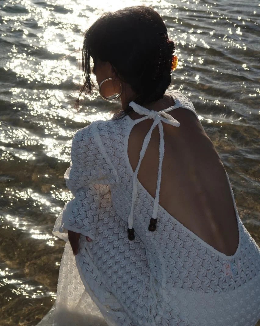 Woven Bead Back Dress - Beige