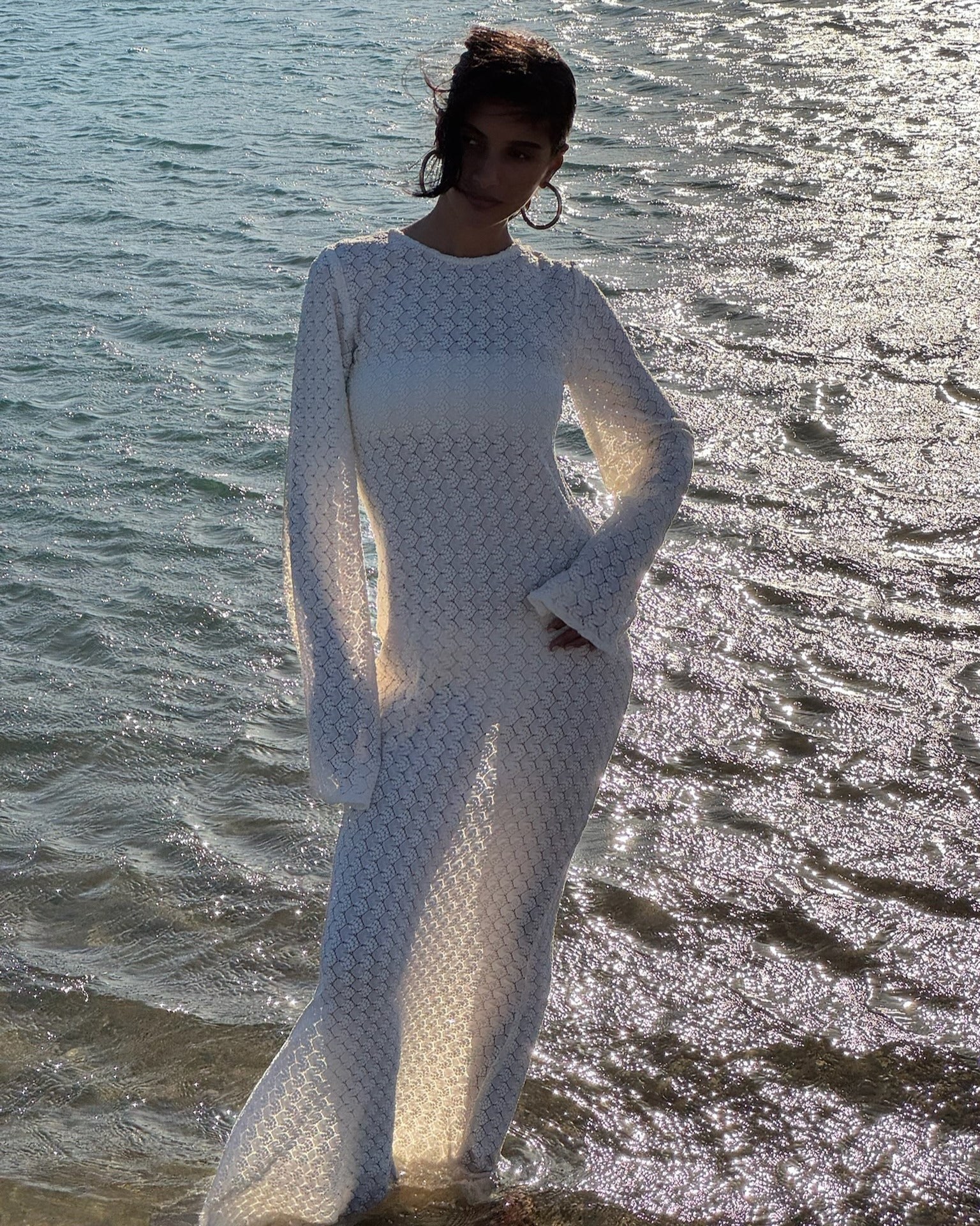 Woven Bead Back Dress - Beige