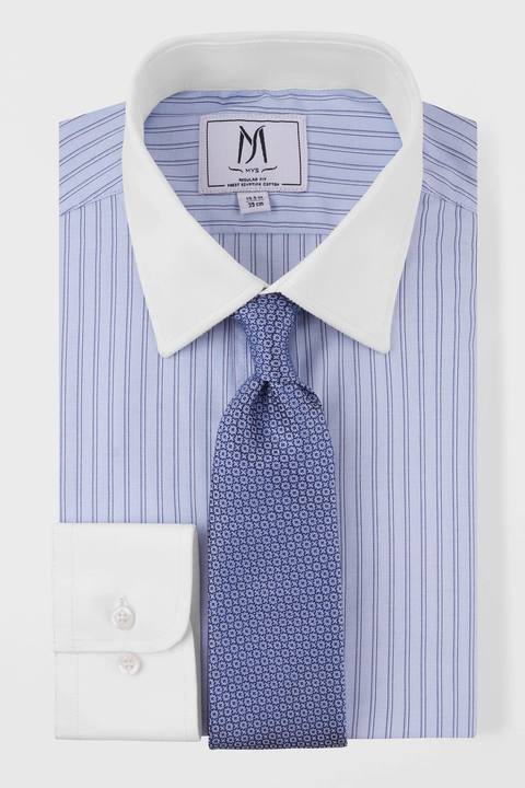 Light Blue Striped Poplin Contrast Shirt - Regular Fit