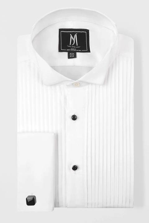 White Poplin Pleated Tuxedo Shirt - Regular Fit