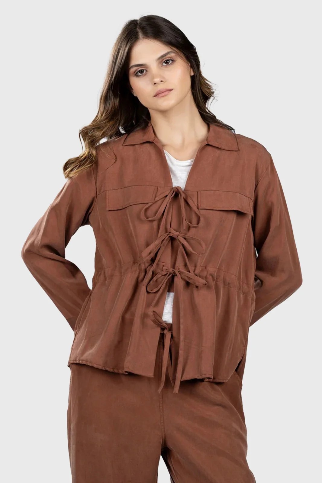 Cafe Tencel Front Tie Shirt
