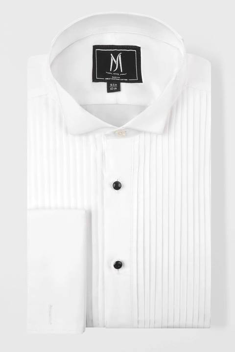 White Poplin Pleated Tuxedo Shirt - Slim Fit